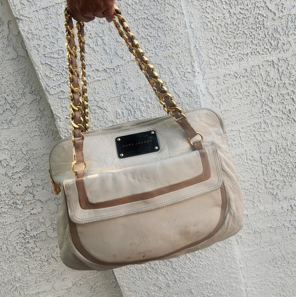 Marc Jacobs Chain Strap White Shoulder Bag Large Satchel Gold Logo Plate Leather - Picture 4 of 10